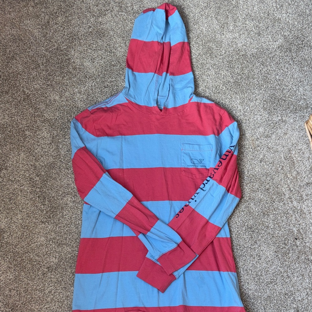 Vineyard Vines Coral and Blue Striped Long Sleeve Tee